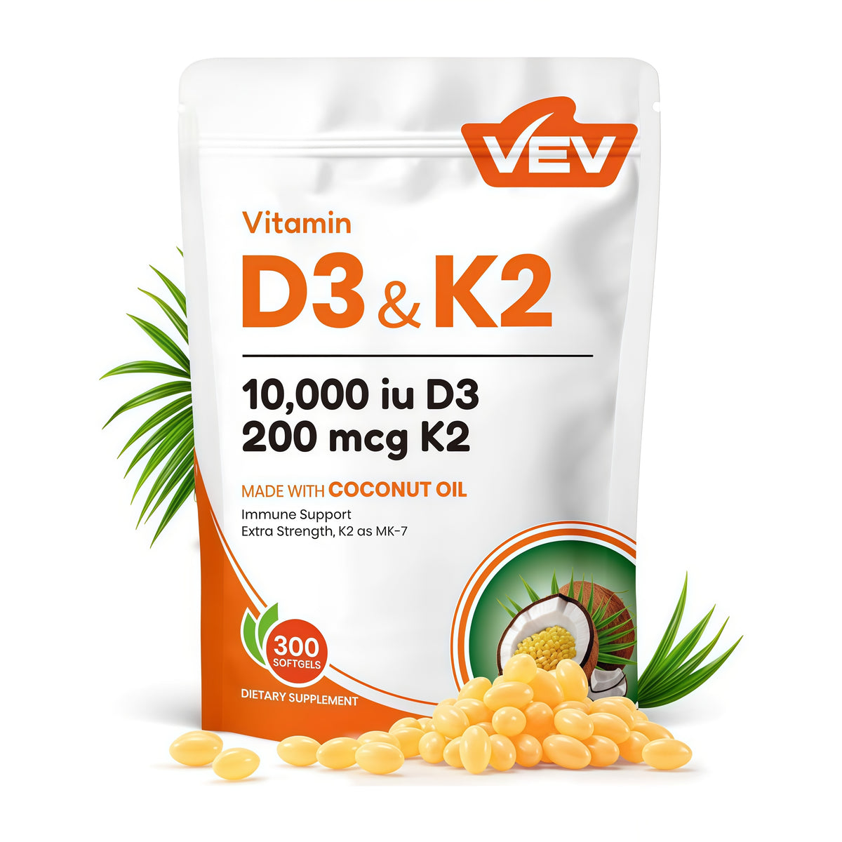 VEV Vitamin D3 K2 10000 lU,300 Coconut Oil Softgels