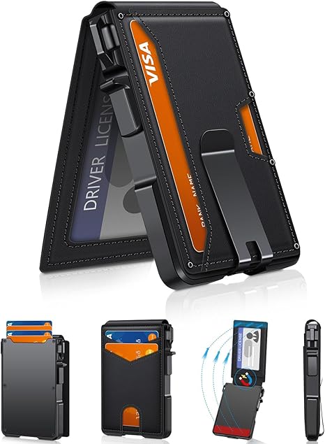Men's wallet with RFID anti-theft smart pop-out card holder, metal aluminum folding credit card wallet