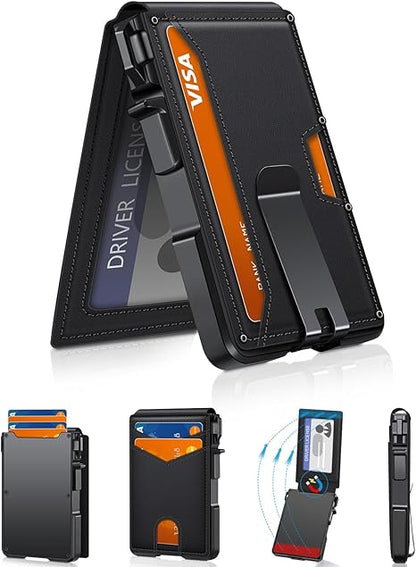 Men's wallet with RFID anti-theft smart pop-out card holder, metal aluminum folding credit card wallet