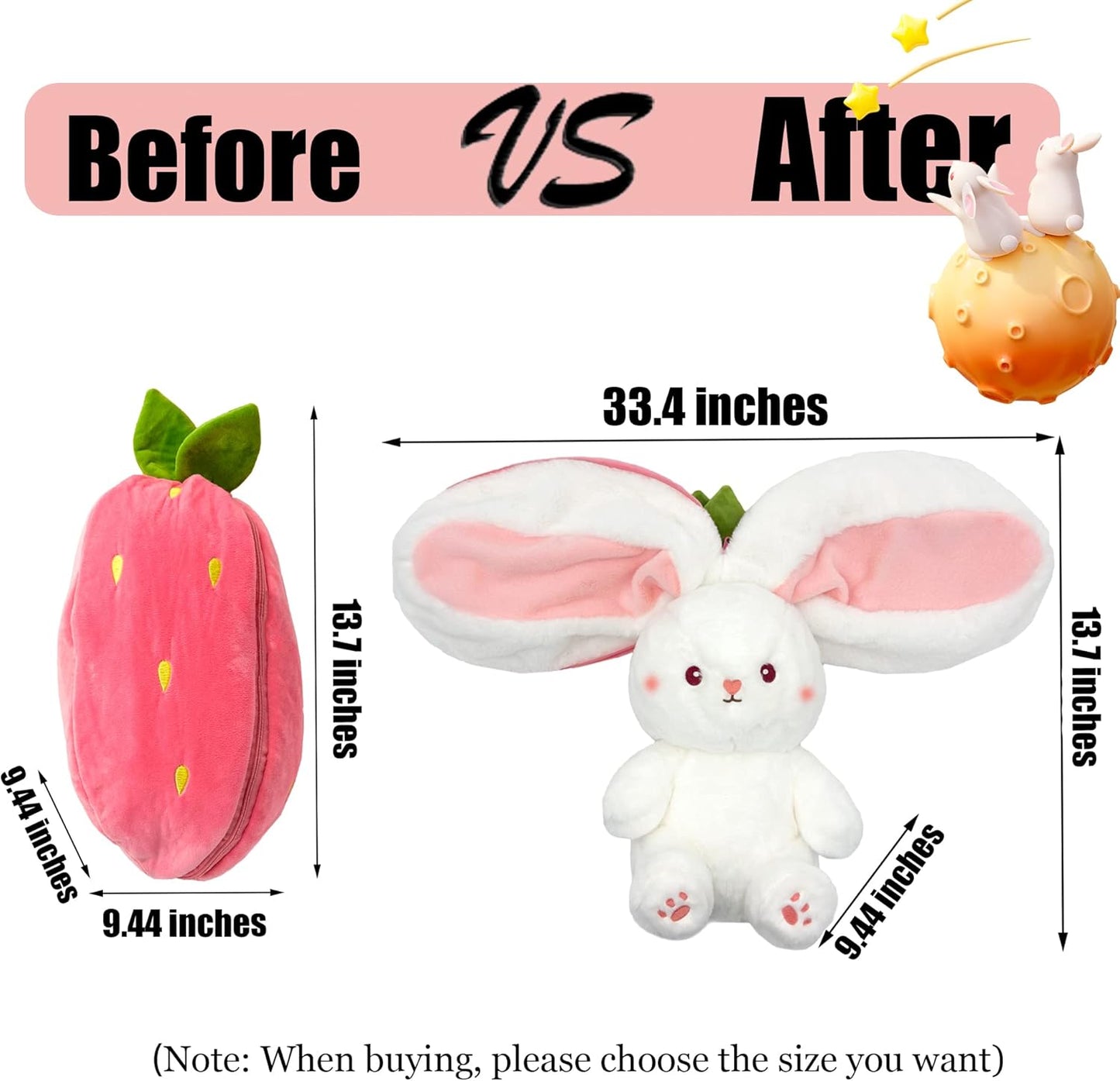 Rabbit Plush Toy, Strawberry Reversible Double-Sided Plush Pillow with Zipper
