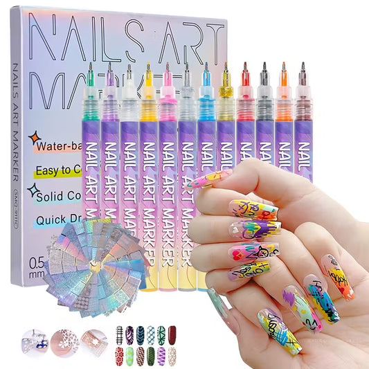 3D Nail Art Pens set | 12Vibrant Colors Fine Tip 0.5mm Quick-Dry Liner & Dotting Toolsfor salon or Home