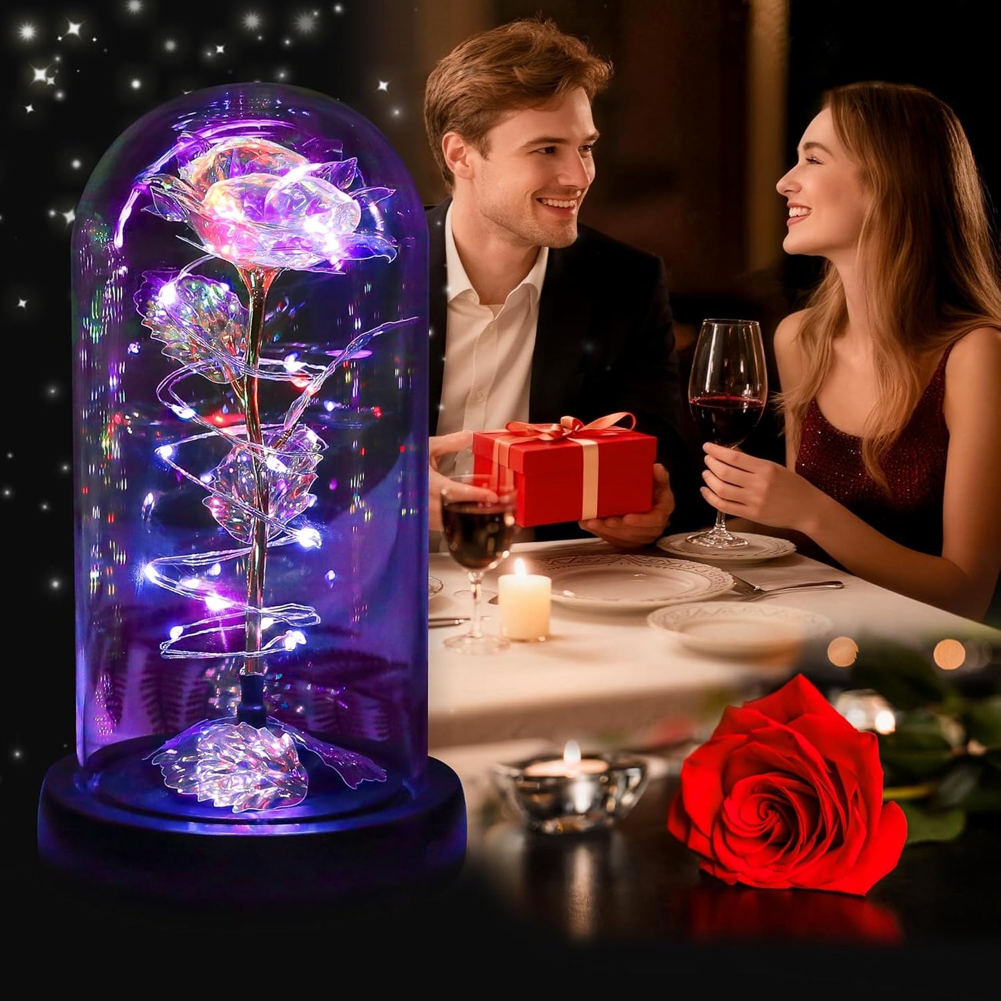 Rotating Light Up Rose in A Glass Dome,Anniversary Valentines Gifts