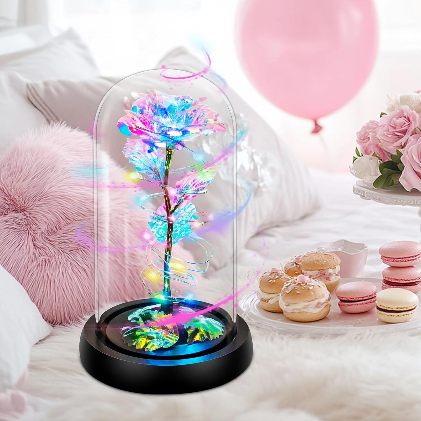Rotating Light Up Rose in A Glass Dome,Anniversary Valentines Gifts