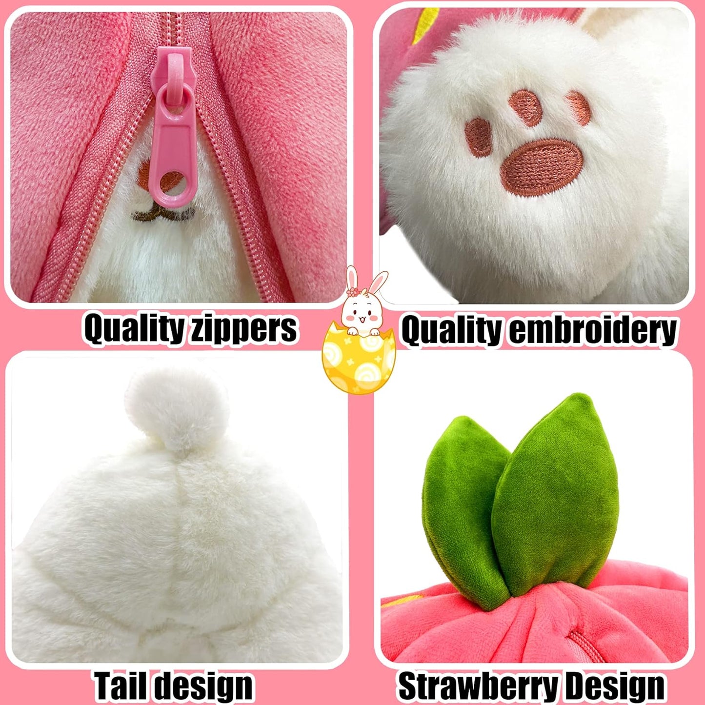 Rabbit Plush Toy, Strawberry Reversible Double-Sided Plush Pillow with Zipper