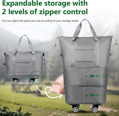 Expandable Rolling Duffle Bag with Wheels, Foldable Carry-On Travel Bag, Large Capacity Weekender Tote