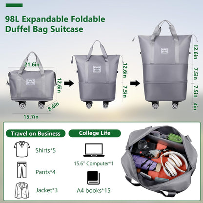 Expandable Rolling Duffle Bag with Wheels, Foldable Carry-On Travel Bag, Large Capacity Weekender Tote