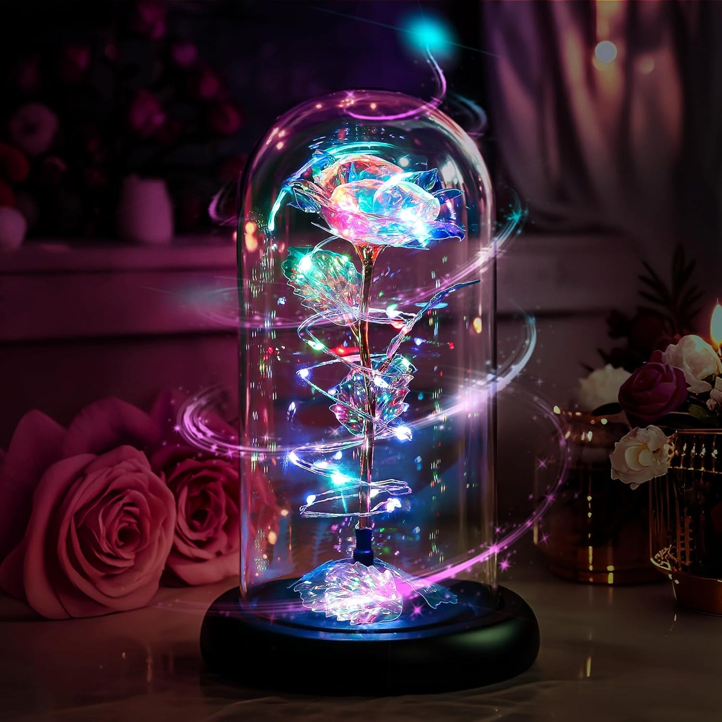 Rotating Light Up Rose in A Glass Dome,Anniversary Valentines Gifts