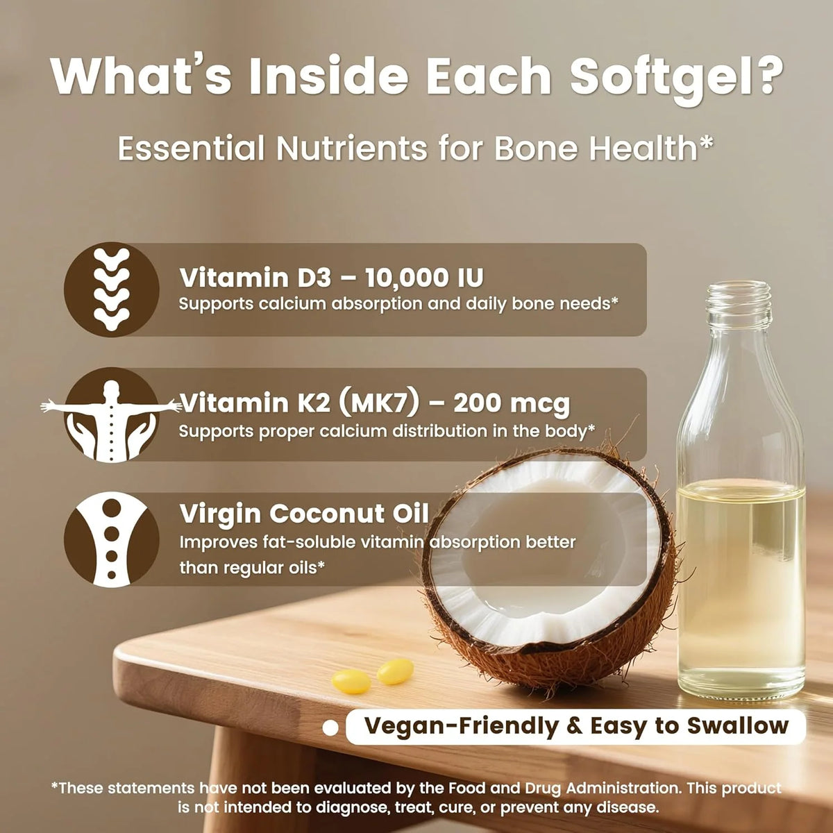 VEV Vitamin D3 K2 10000 lU,300 Coconut Oil Softgels