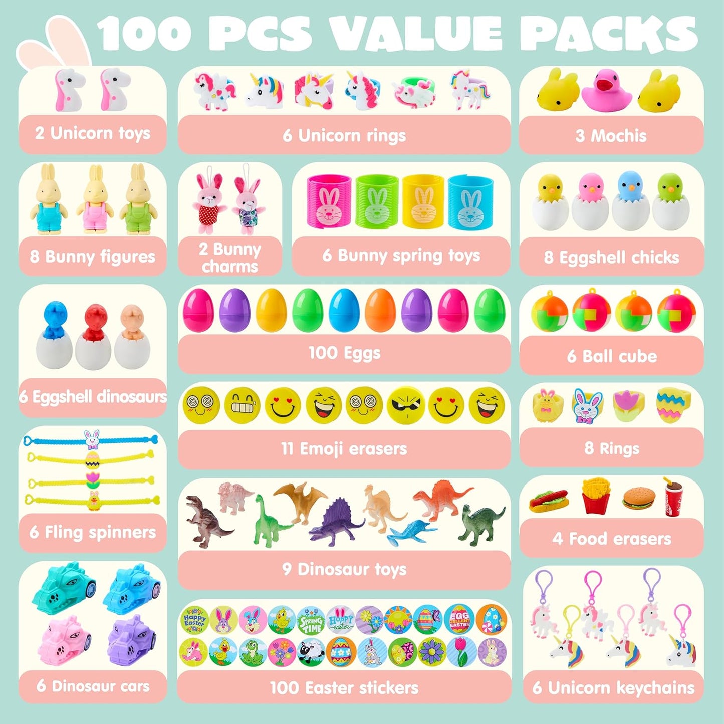 JOYIN 100 Eggs for Kids – Filled with Toys & Stickers, Perfect for Egg Hunt, Basket Stuffers & Classroom Gifts