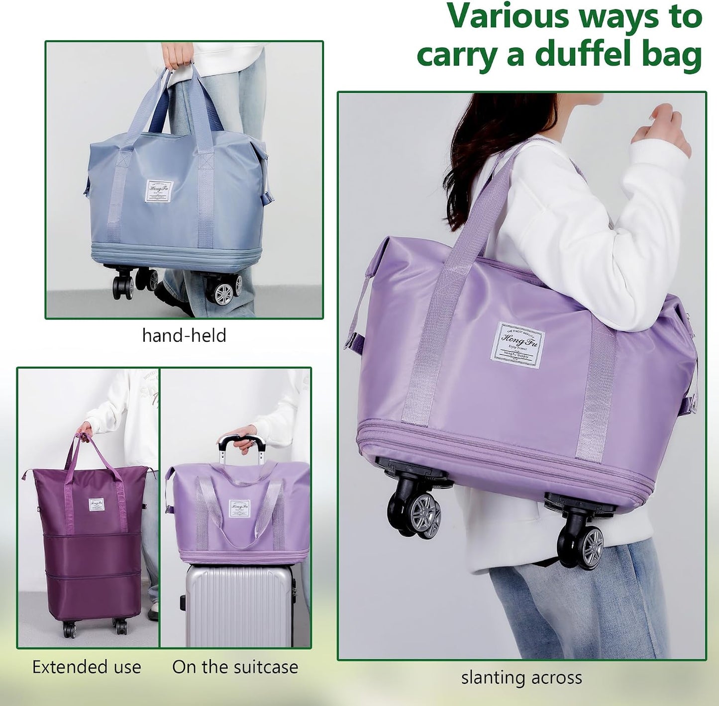 Expandable Rolling Duffle Bag with Wheels, Foldable Carry-On Travel Bag, Large Capacity Weekender Tote