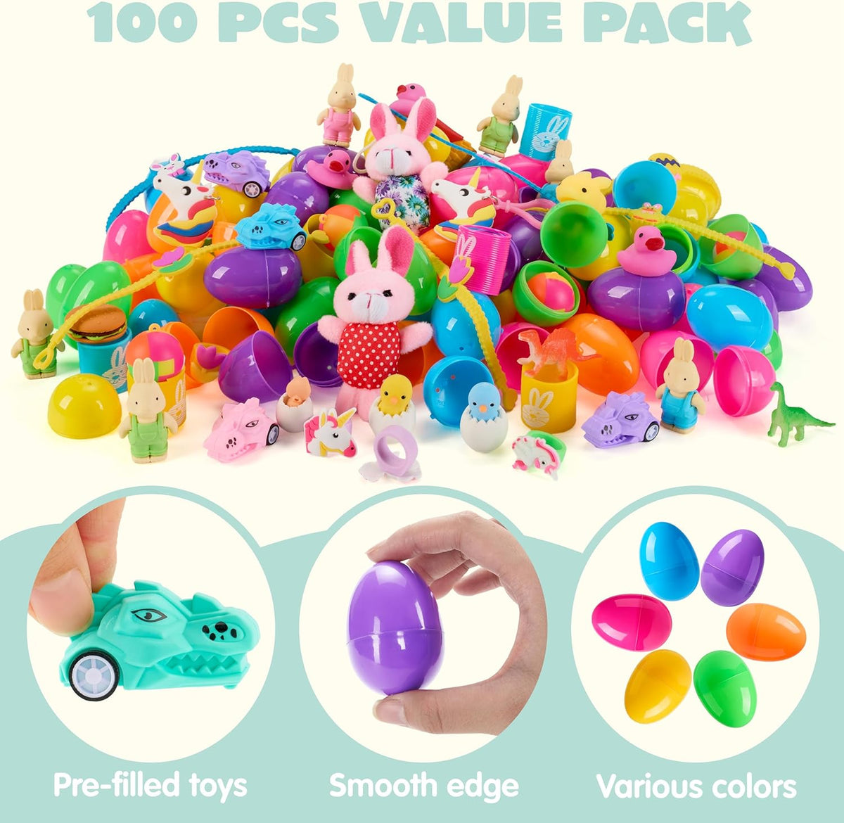 JOYIN 100 Eggs for Kids – Filled with Toys & Stickers, Perfect for Egg Hunt, Basket Stuffers & Classroom Gifts