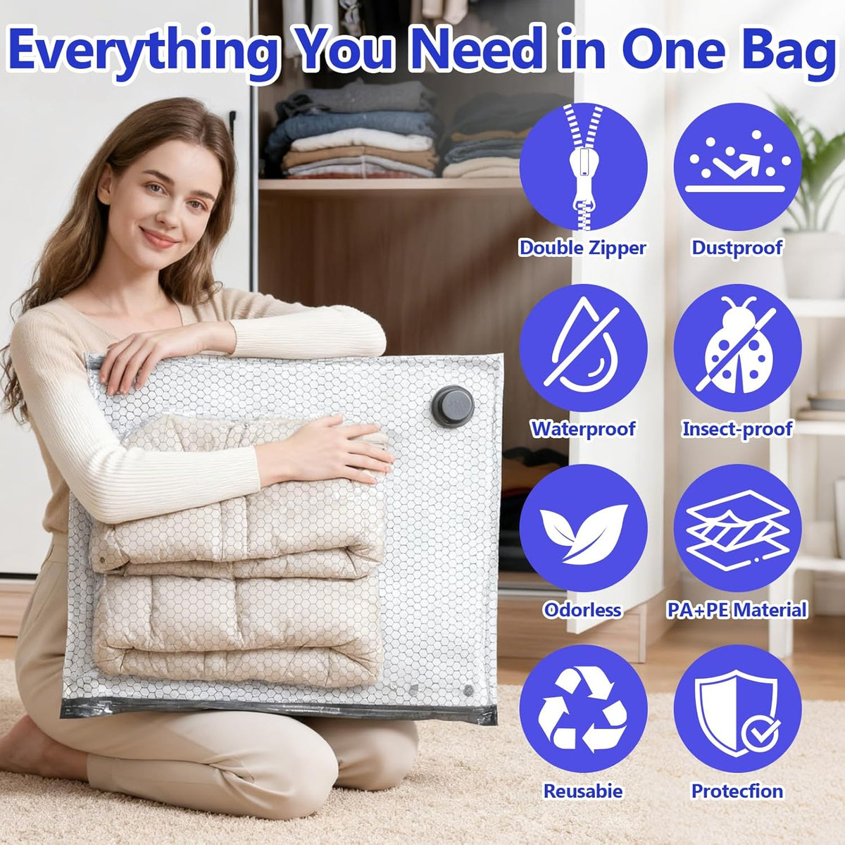 15 Pack Vacuum Storage Bags + USB Pump – Space Saving Bags for Travel & Clothes