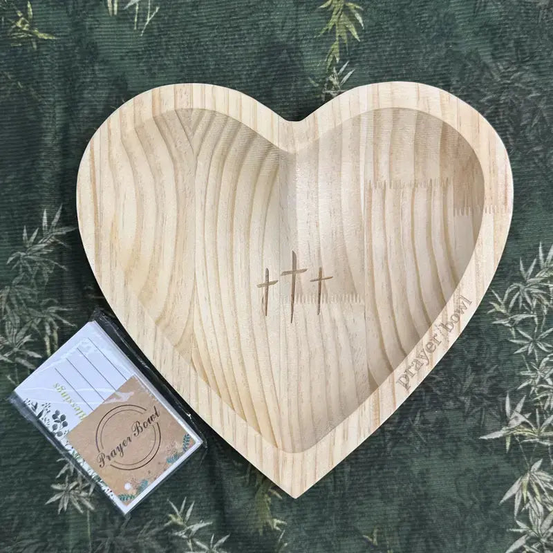 Wooden Heart Prayer Bowl with 3 Engraved Crosses, Christian Religious Prayer Bowl Gift with Prayer Cards