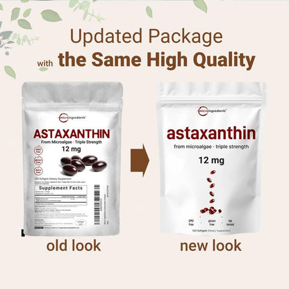 12mg Astaxanthin Softgels from Pure Microalgae Source | Natural Skin & Wellness Support | 120 Easy-to-Swallow Softgels (4-Month Supply)
