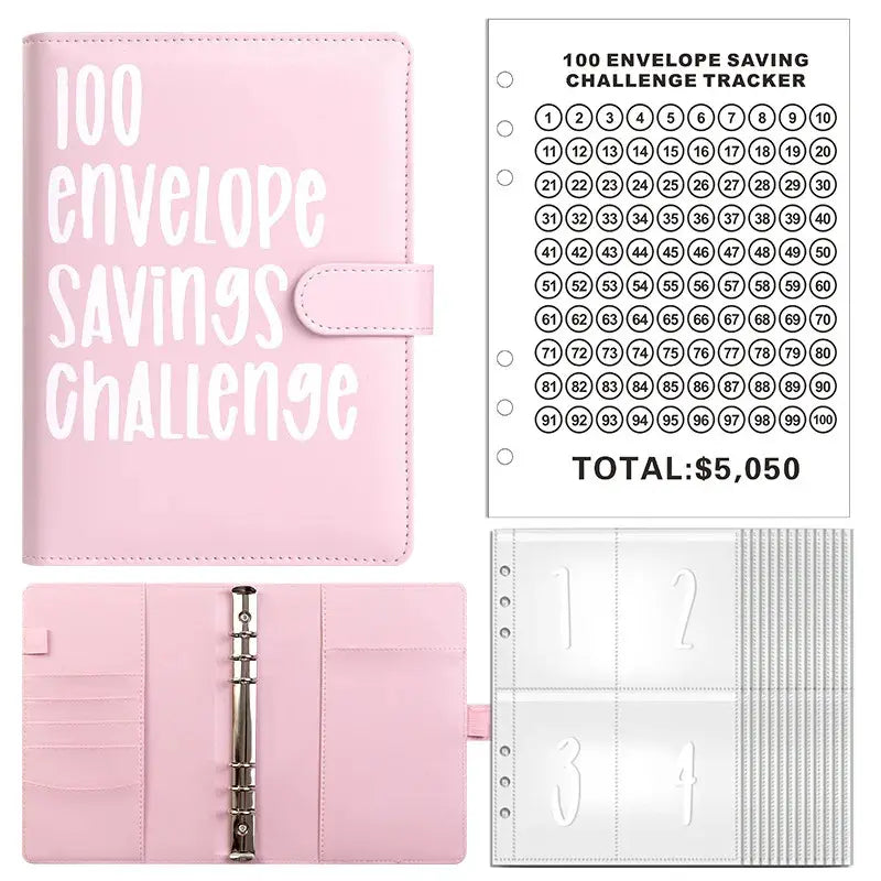 100 Envelope Savings Challenge Binder – A5 Cash Budget Planner with Numbered Envelopes