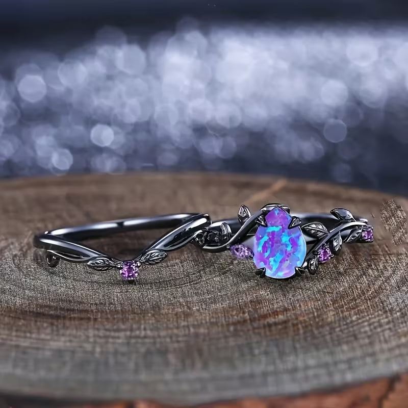 2-Piece Teardrop Opal Ring Set – Elegant Leaf Design