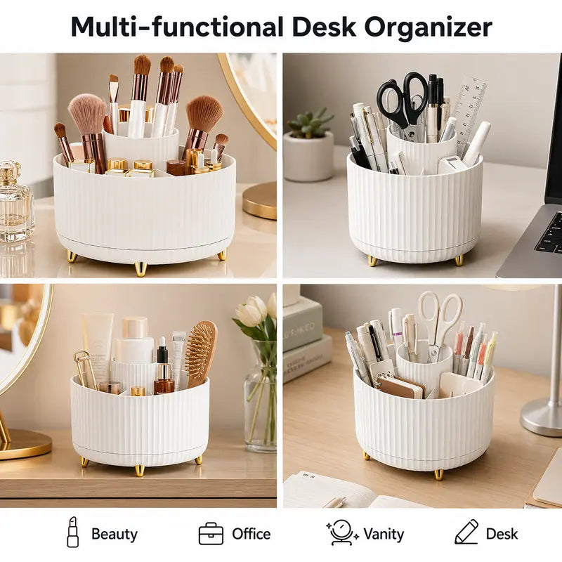 Luxury 360° Rotating Makeup Organizer – 5 Compartments Cosmetic Brush & Desktop Storage Holder