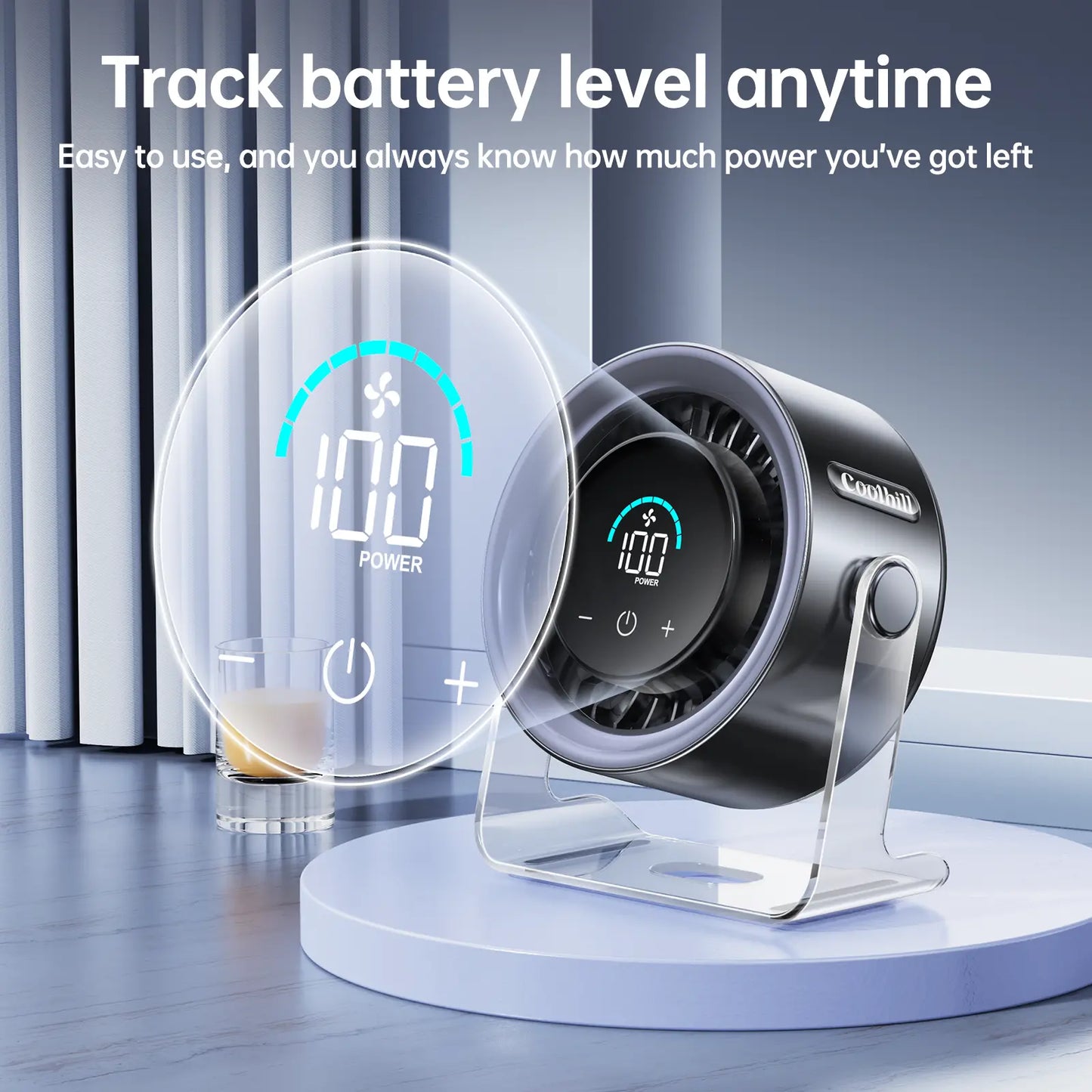 Portable Desk Fan, Rechargeable Turbo Fan with 100-Speed Display, Quiet Cooling for Office & Travel