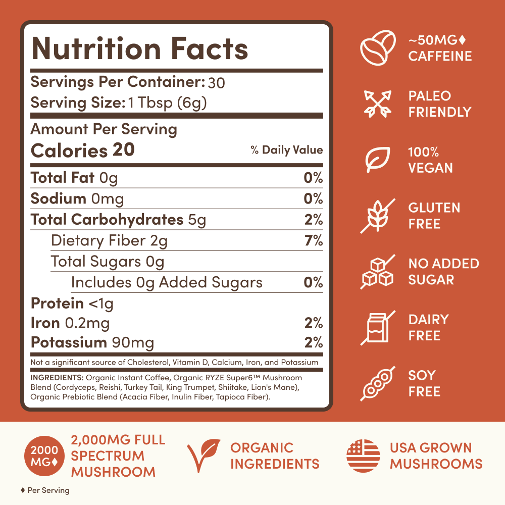 RYZE SUPERFOODS Mushroom Coffee Dark Roast, 6 Adaptogenic Mushrooms