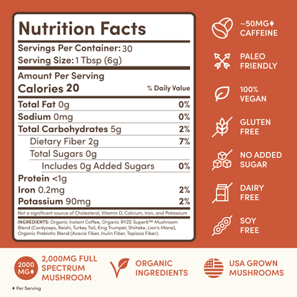 RYZE SUPERFOODS Mushroom Coffee Dark Roast, 6 Adaptogenic Mushrooms
