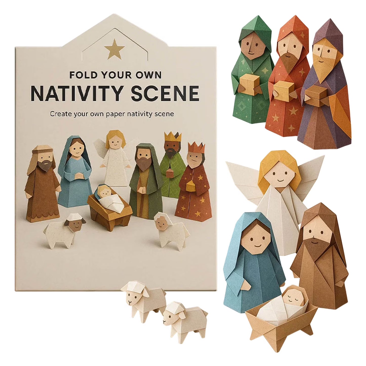 DIY paper Christmas nativity scene, including Jesus, angels, and animals, with a 3D design