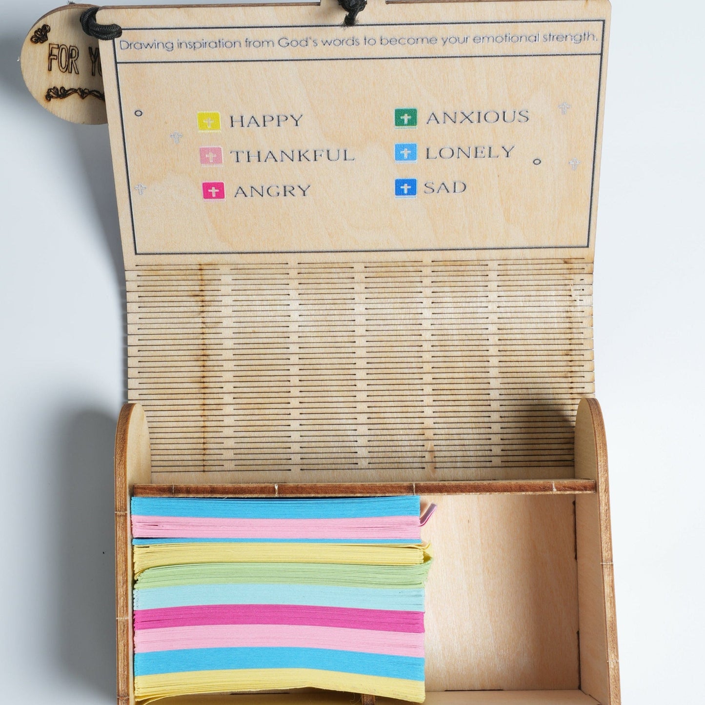 Handmade wooden box containing 90 Bible verse cards