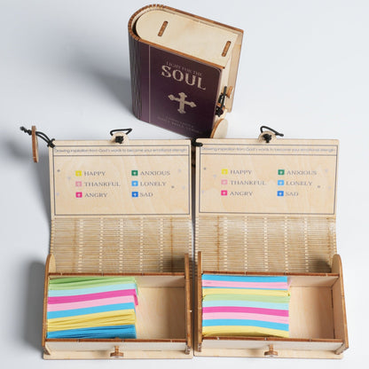 Handmade wooden box containing 90 Bible verse cards