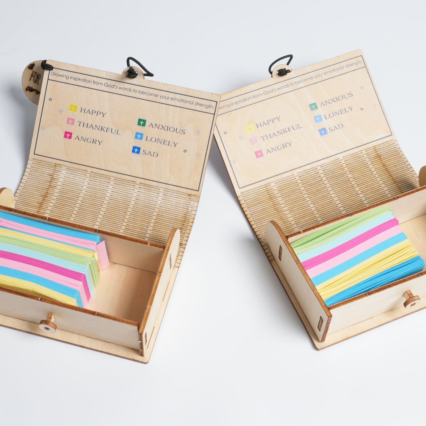 Handmade wooden box containing 90 Bible verse cards