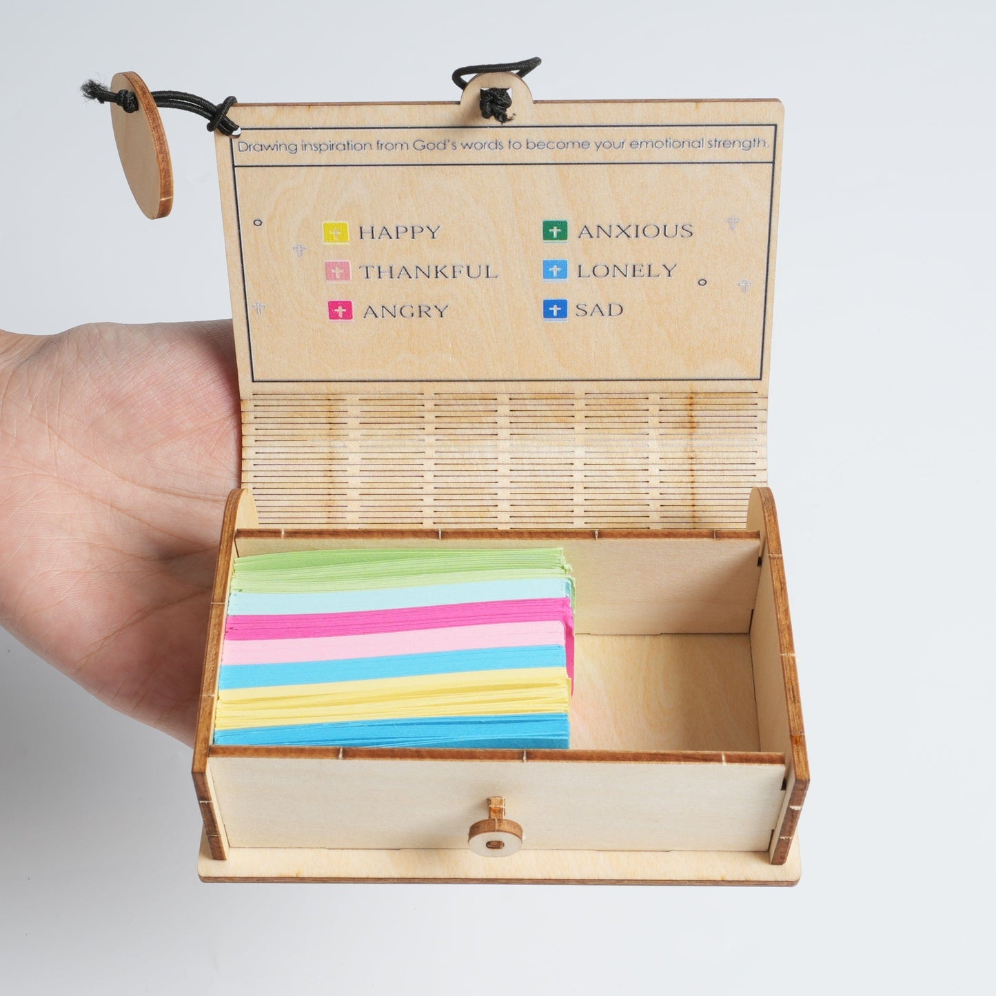 Handmade wooden box containing 90 Bible verse cards
