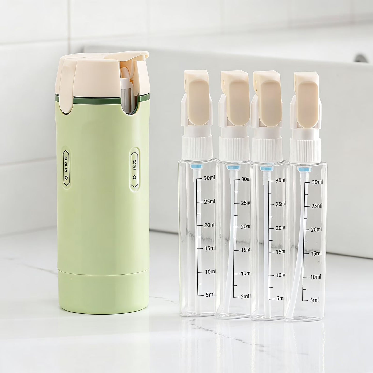 4-in-1 Portable Travel Dispenser Bottle | Compact Refillable Cosmetic & Shampoo Storage for On-the-Go