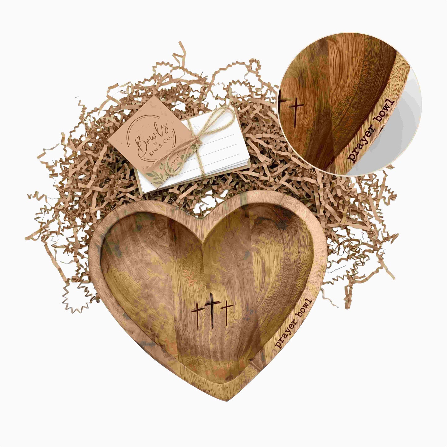 Wooden Heart Prayer Bowl with 3 Engraved Crosses, Christian Religious Prayer Bowl Gift with Prayer Cards
