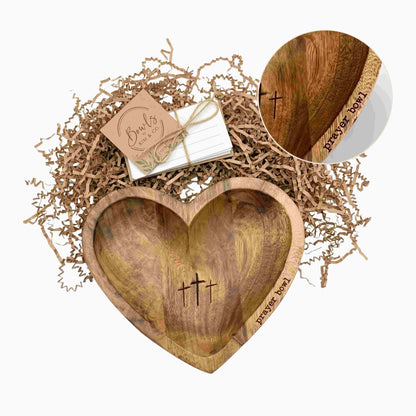 Wooden Heart Prayer Bowl with 3 Engraved Crosses, Christian Religious Prayer Bowl Gift with Prayer Cards