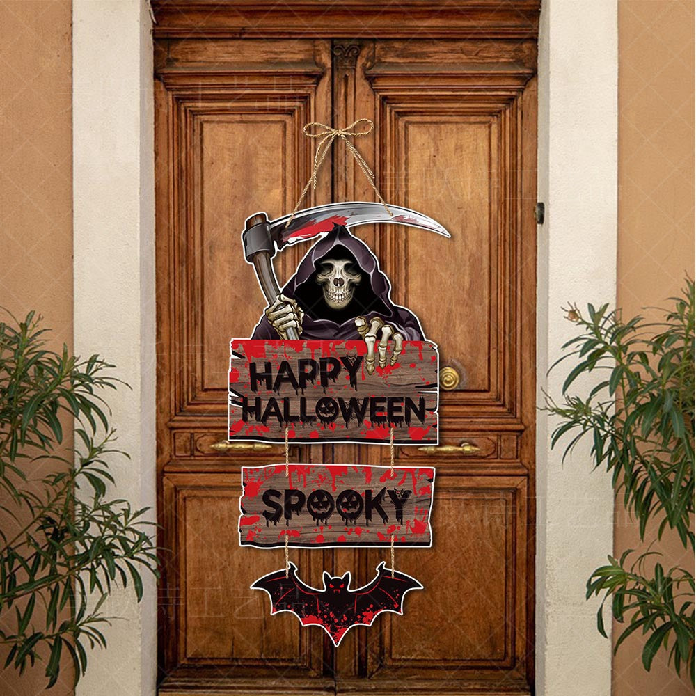Fun spooky Halloween hanging door ornaments in 7 different designs. Made of premium paper with vivid Halloween patterns. Equipped with jute rope for quick hanging. Perfect for front door, wall, porch, Halloween party and haunted‑house scene styling.