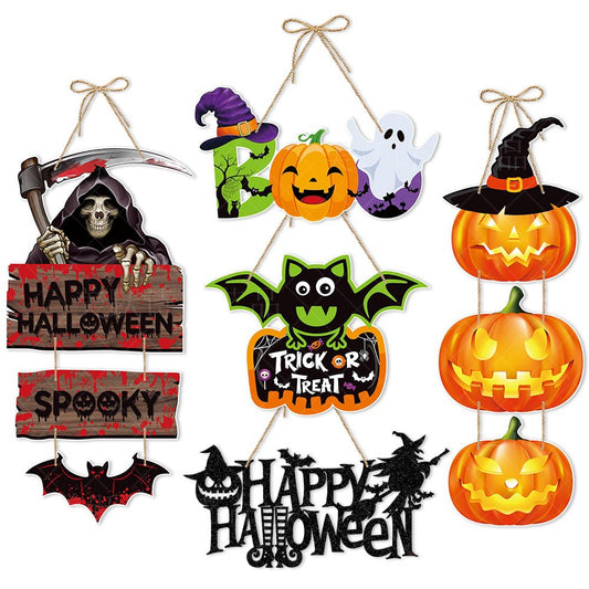 Fun spooky Halloween hanging door ornaments in 7 different designs. Made of premium paper with vivid Halloween patterns. Equipped with jute rope for quick hanging. Perfect for front door, wall, porch, Halloween party and haunted‑house scene styling.