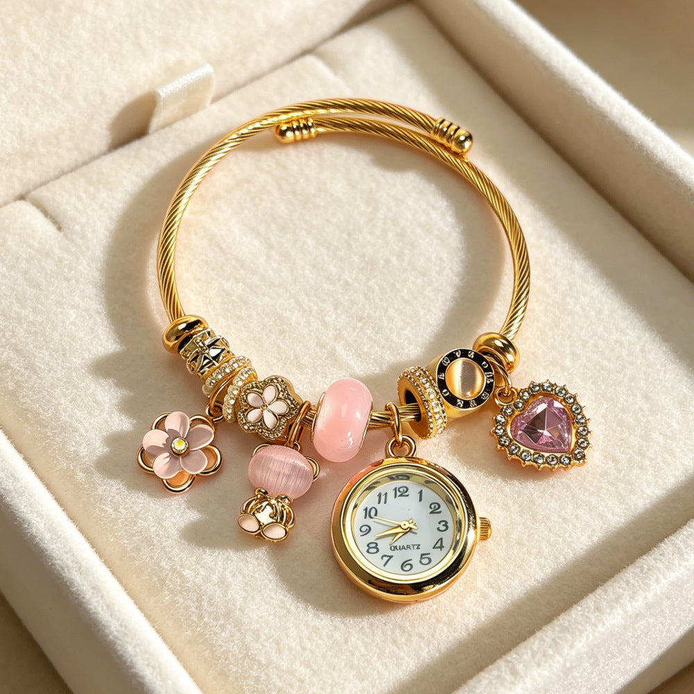 Women’s Beaded Bracelet Watch, Heart Bear Flower Charm Quartz Wristwatch