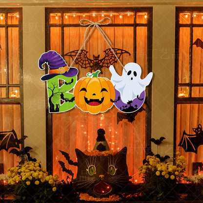 Fun spooky Halloween hanging door ornaments in 7 different designs. Made of premium paper with vivid Halloween patterns. Equipped with jute rope for quick hanging. Perfect for front door, wall, porch, Halloween party and haunted‑house scene styling.