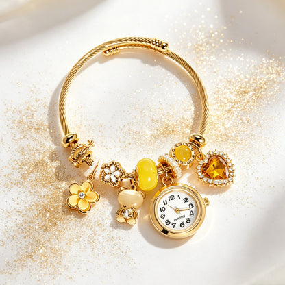 Women’s Beaded Bracelet Watch, Heart Bear Flower Charm Quartz Wristwatch