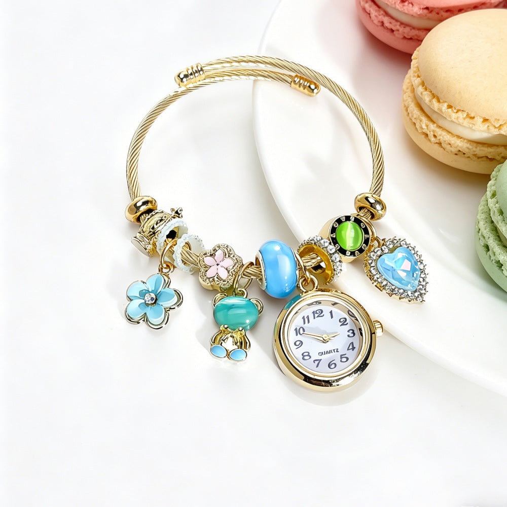 Women’s Beaded Bracelet Watch, Heart Bear Flower Charm Quartz Wristwatch