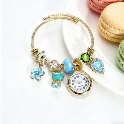 Women’s Beaded Bracelet Watch, Heart Bear Flower Charm Quartz Wristwatch