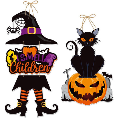 Fun spooky Halloween hanging door ornaments in 7 different designs. Made of premium paper with vivid Halloween patterns. Equipped with jute rope for quick hanging. Perfect for front door, wall, porch, Halloween party and haunted‑house scene styling.