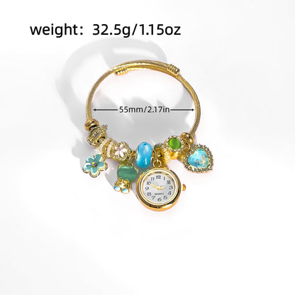Women’s Beaded Bracelet Watch, Heart Bear Flower Charm Quartz Wristwatch