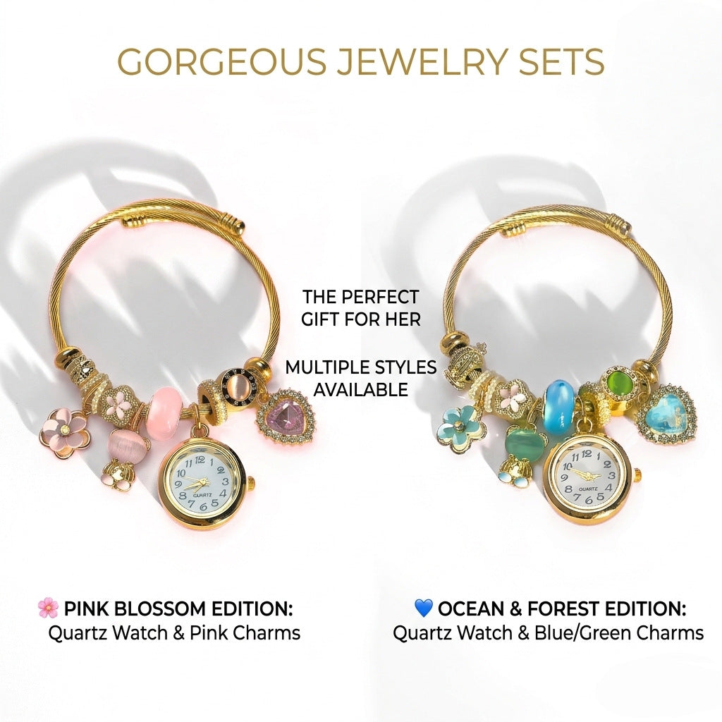 Women’s Beaded Bracelet Watch, Heart Bear Flower Charm Quartz Wristwatch