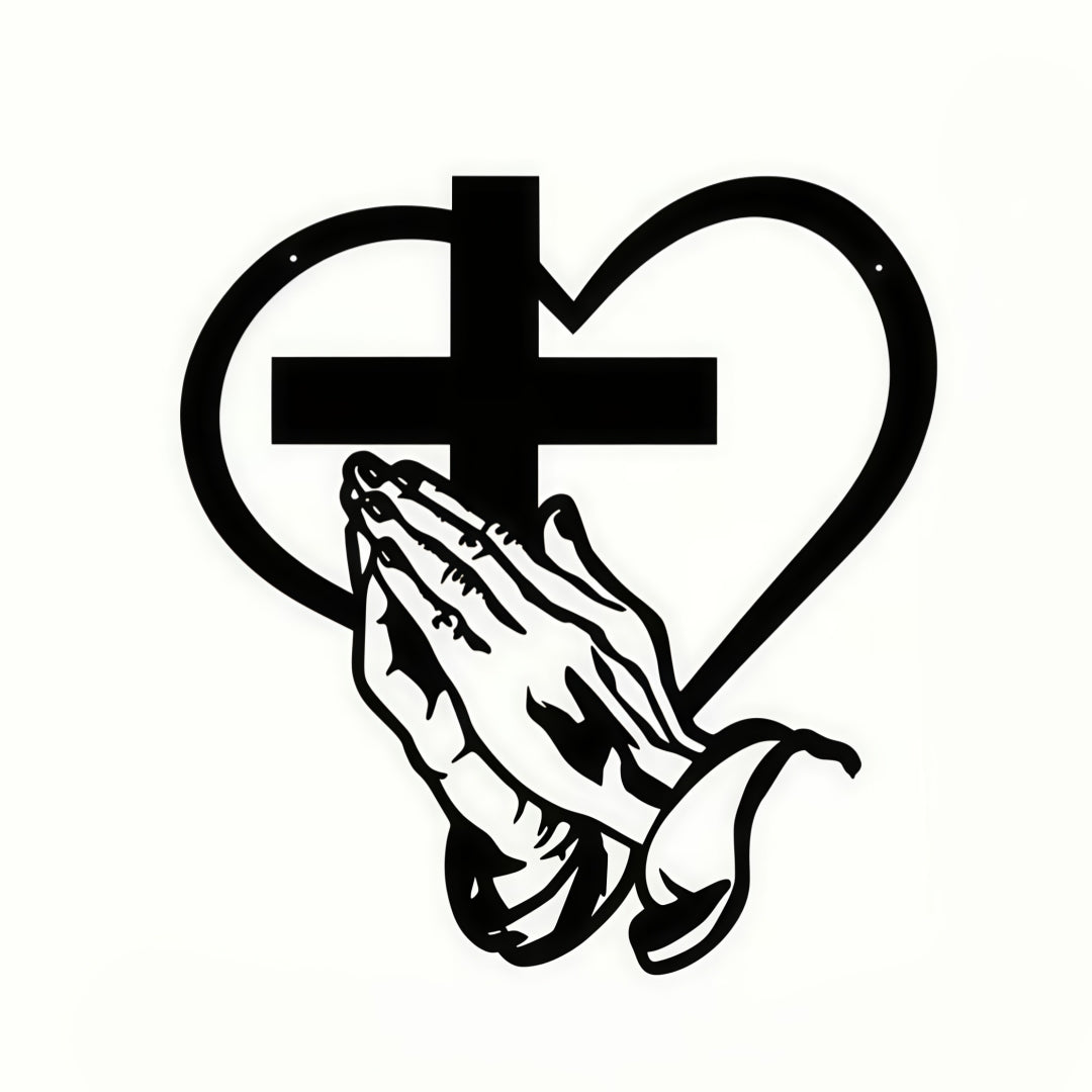 Christianartworkshop Modern Spiritual Praying Hands Heart Cross Black Metal Wall Decor（11.22''*11.81''/28.5*30cm）