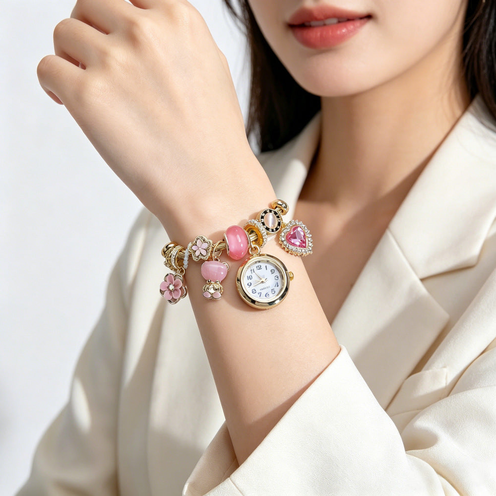 Women’s Beaded Bracelet Watch, Heart Bear Flower Charm Quartz Wristwatch