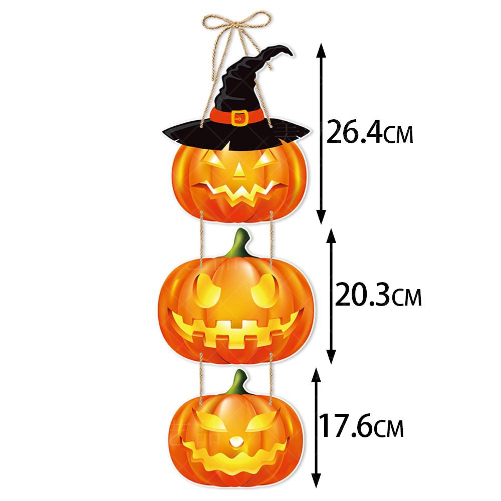Fun spooky Halloween hanging door ornaments in 7 different designs. Made of premium paper with vivid Halloween patterns. Equipped with jute rope for quick hanging. Perfect for front door, wall, porch, Halloween party and haunted‑house scene styling.