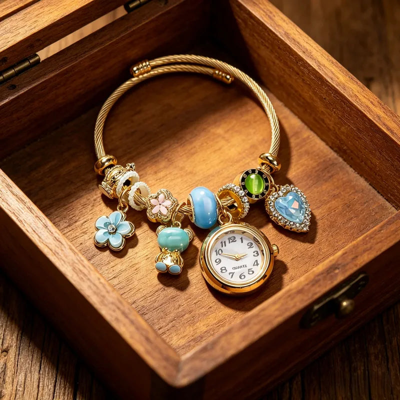 Women’s Beaded Bracelet Watch, Heart Bear Flower Charm Quartz Wristwatch