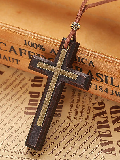 Pair of 2: Wooden Cross Pendant Necklace for Men and Women – Vintage Religious Design with Leather Cord, Ideal for Everyday Wear and Spiritual Occasions