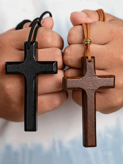 Pair of 2: Wooden Cross Pendant Necklace for Men and Women – Vintage Religious Design with Leather Cord, Ideal for Everyday Wear and Spiritual Occasions