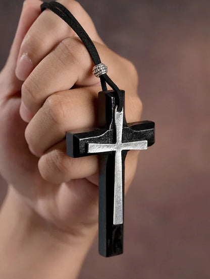 Pair of 2: Wooden Cross Pendant Necklace for Men and Women – Vintage Religious Design with Leather Cord, Ideal for Everyday Wear and Spiritual Occasions