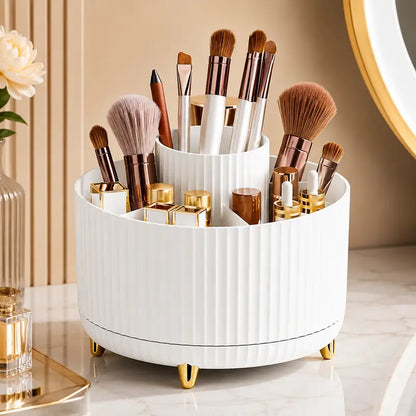 Luxury 360° Rotating Makeup Organizer – 5 Compartments Cosmetic Brush & Desktop Storage Holder